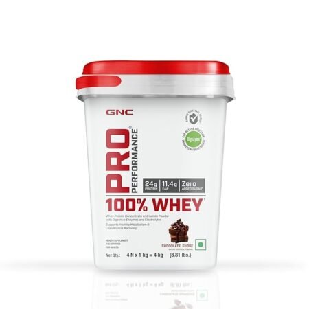 GNC Pro Performance 100% Whey Protein Powder | 8.8 Lbs : 4 KG (1 KG X 4 Pouches) + Bucket | 24g Protein Chocolate Fudge